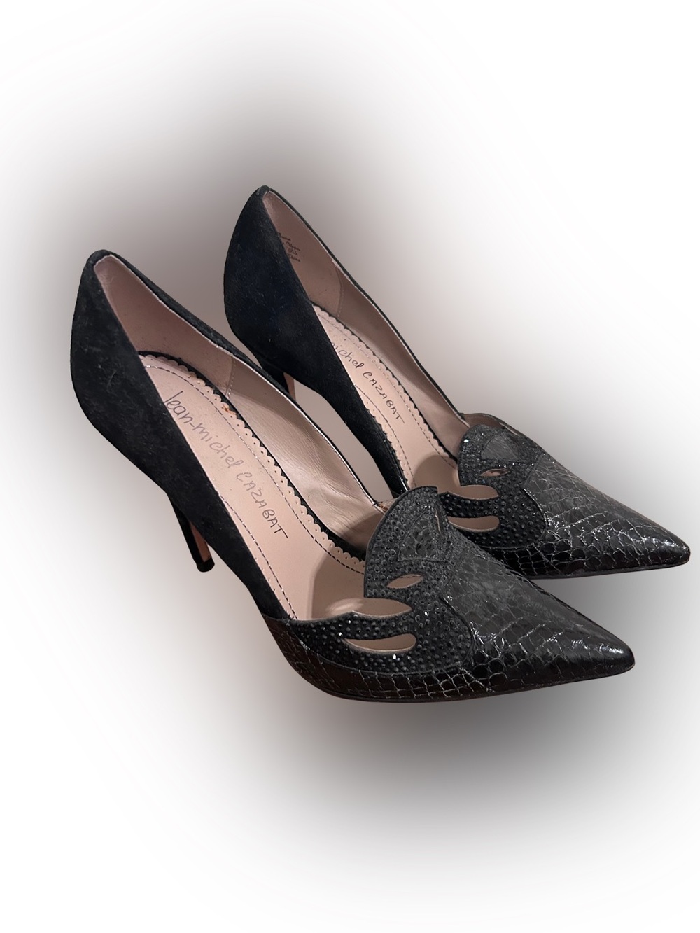 Y2K Jean Michel Cazabat Suede Crystal Black Pointed Toe Cutout Pumps Heels 38.5